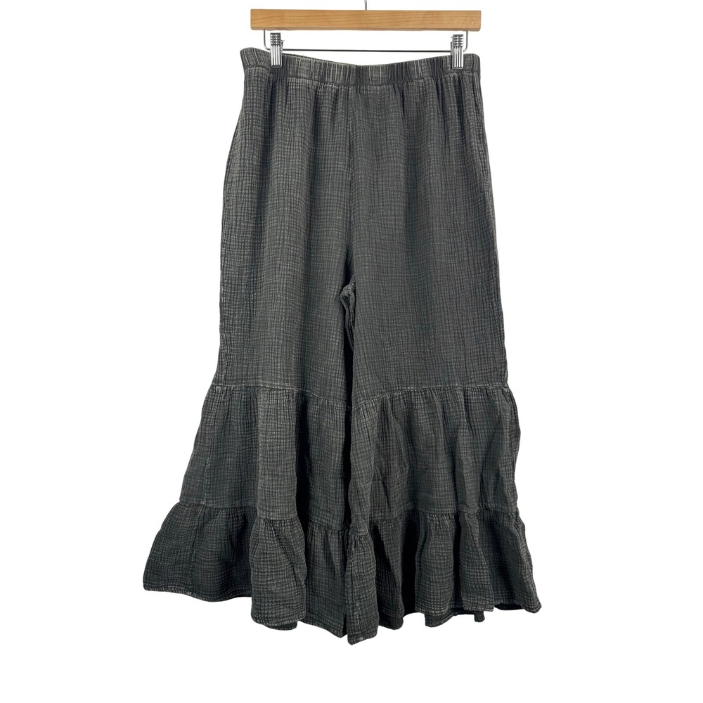 Easel Tiered ruffle Gauzy wide Pants L Charcoal Boho lagen look cottage